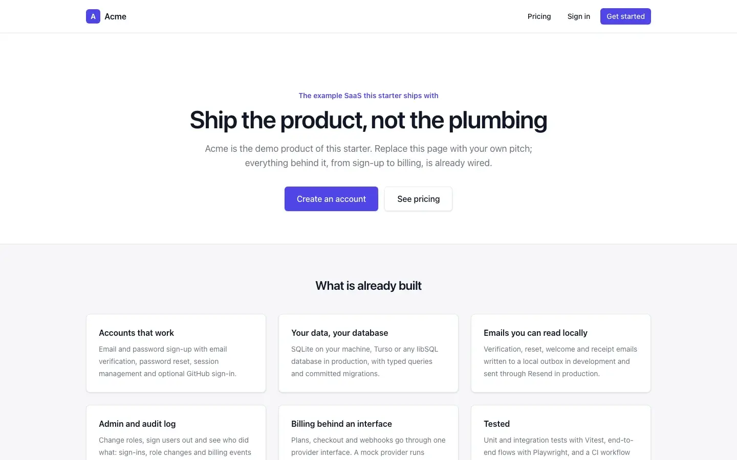 The landing page the starter ships with (Acme is the example product).