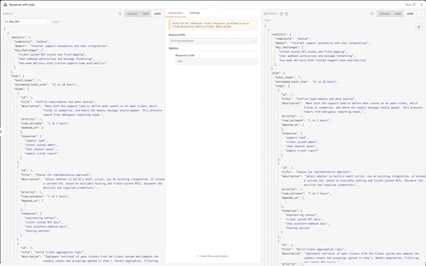 The AI planning agent workflow returning a plan as JSON (run with the DeepSeek chat model; see docs/credentials.md).