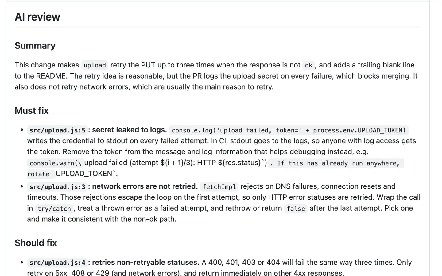 The AI PR review action commenting on a pull request.