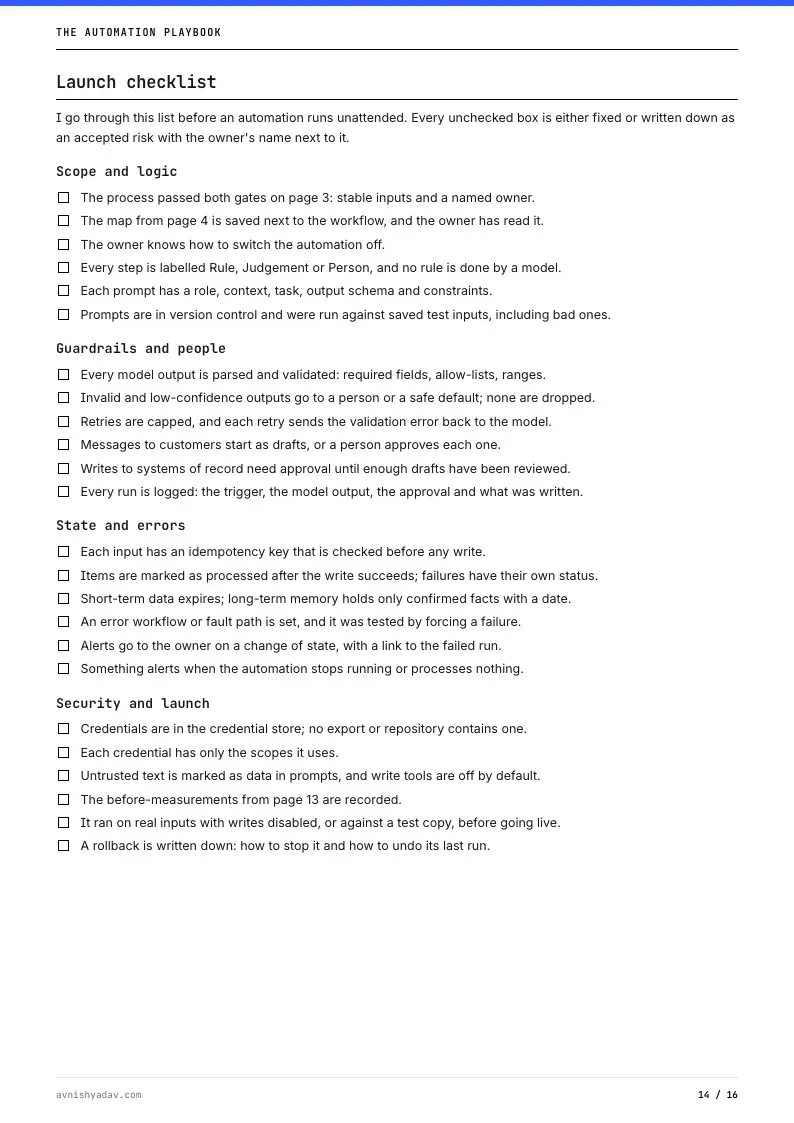 The automation launch checklist page.