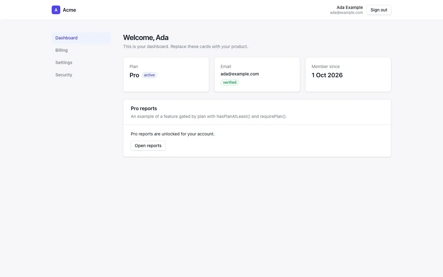 Signed-in dashboard of a Pro user, with the plan-gated example feature.