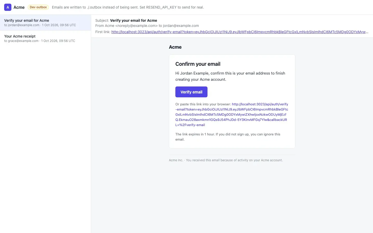 Verification email captured in the local dev outbox.