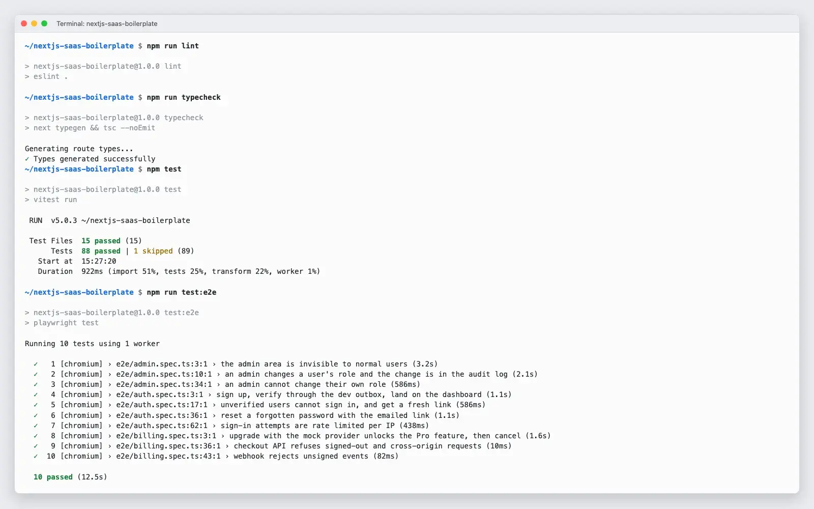 Lint, typecheck, unit and end-to-end tests passing (output captured from the unzipped project).