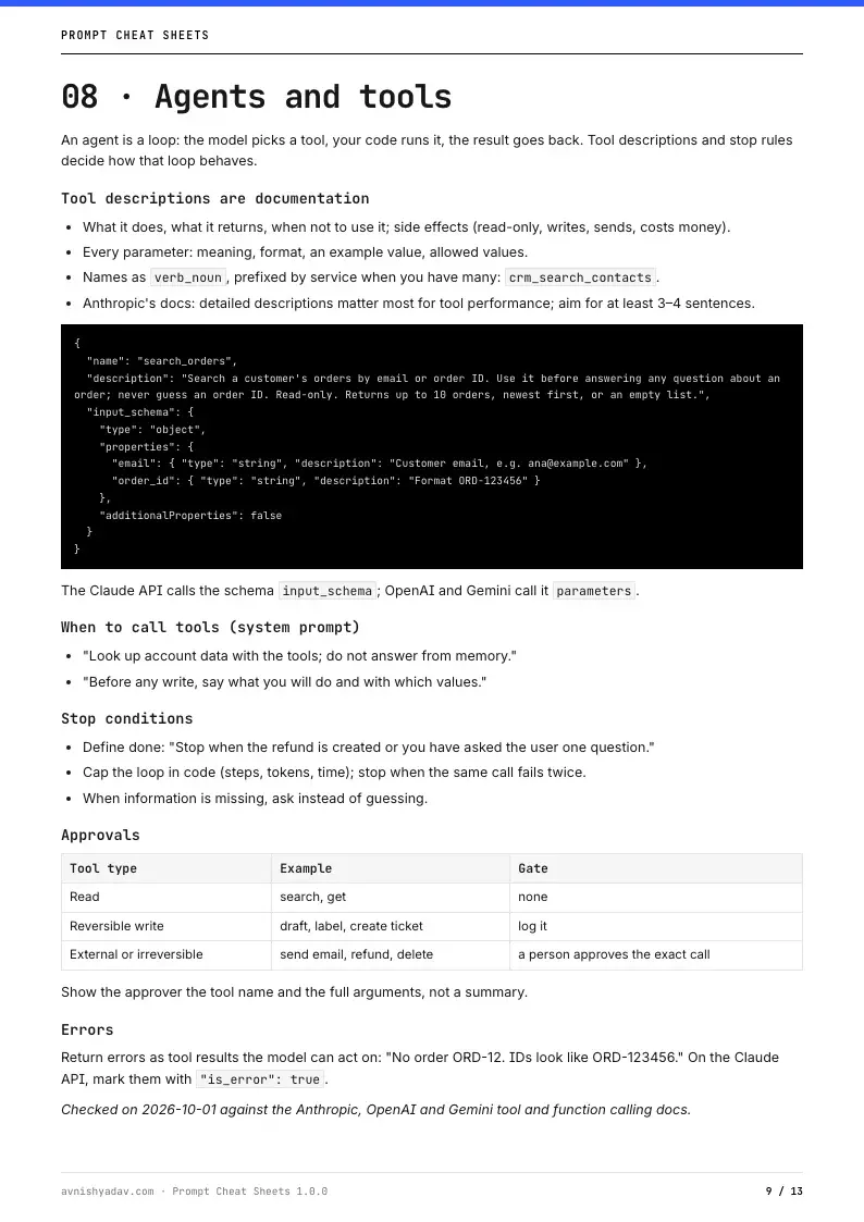 The agents and tool descriptions cheat sheet.